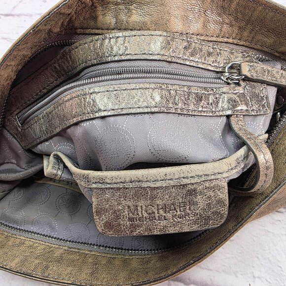 Michael Kors Designer Shoulder Bag Metallic Taupe Leather w/ Chain Accent - Picture 8 of 14